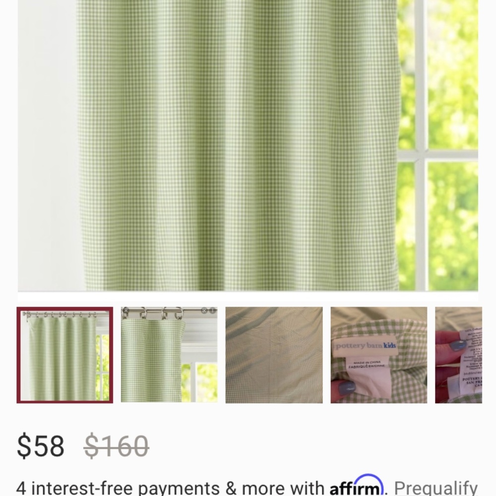 Two Pottery Barn Green Gingham Panels with Blackout Lining - orig size 44x84